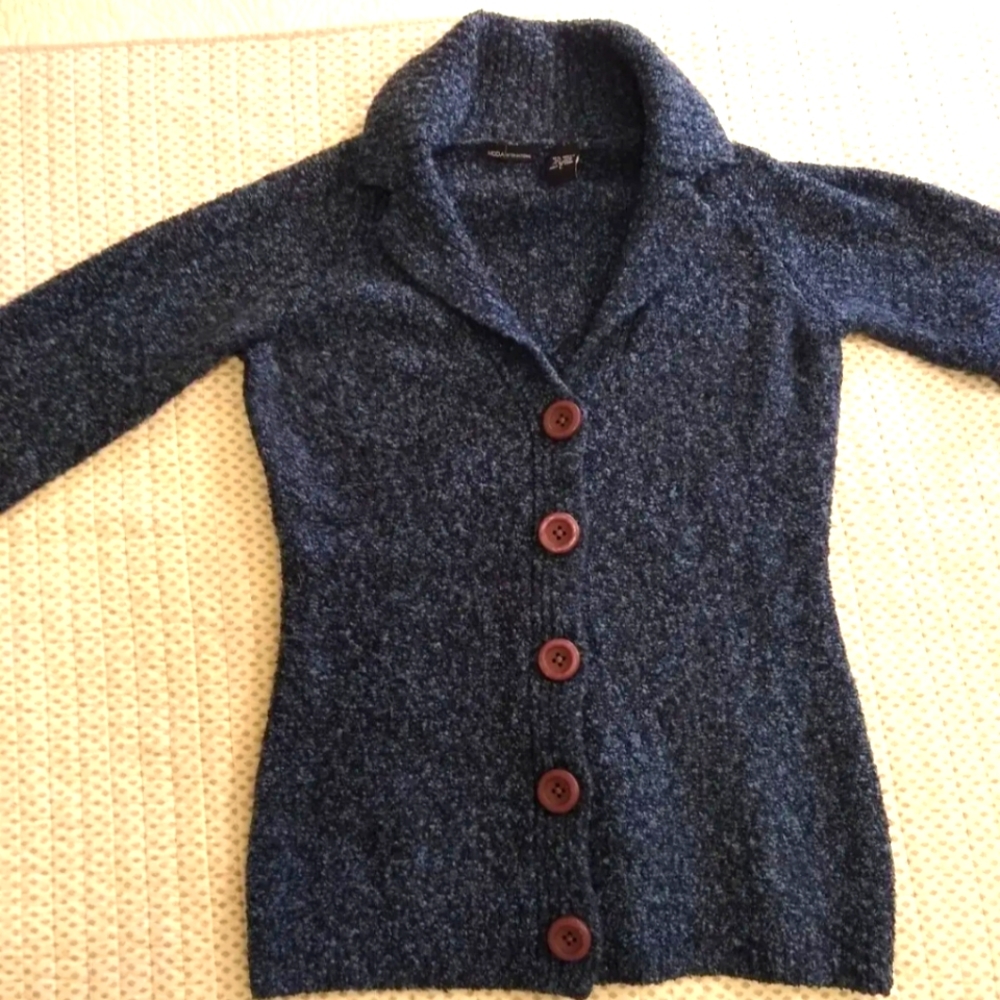 Moda International Blazer Sweater Blue Button Front Long Sleeve Large